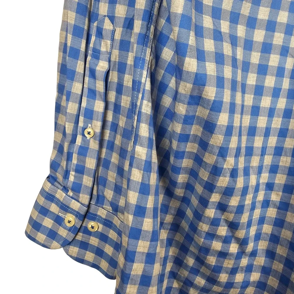 Peter Millar‎ Men's Medium Blue Tan Gingham Cotton Long Sleeve Button Down Shirt